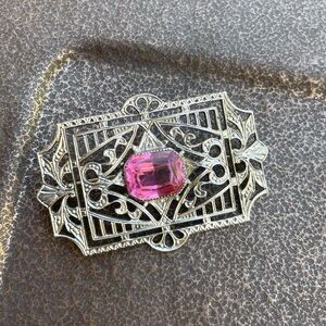 WOW Art Deco Victorian revival solid 925 sterling silver pink sapphire brooch